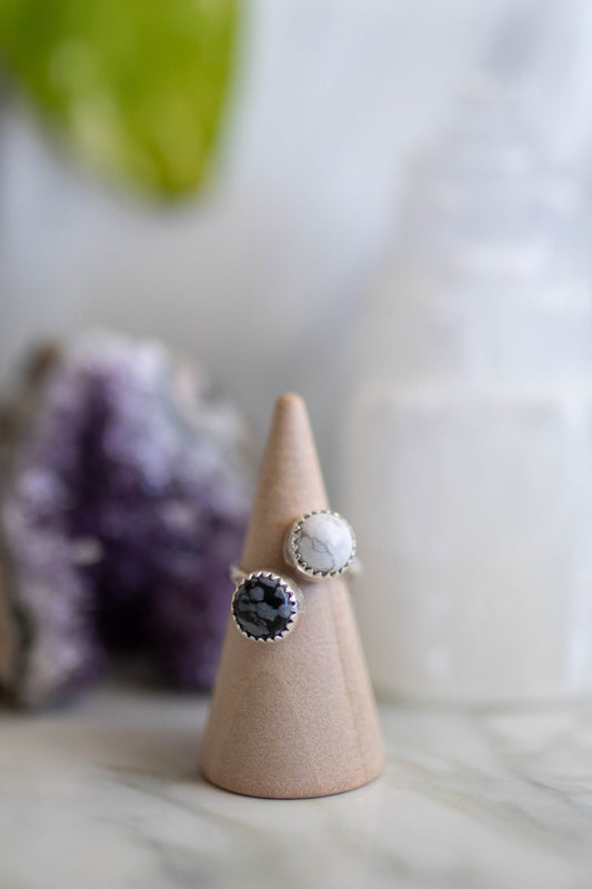 Yin Yang Ring with Snow Obsidian and Howlite - Adjustable Size 4-6