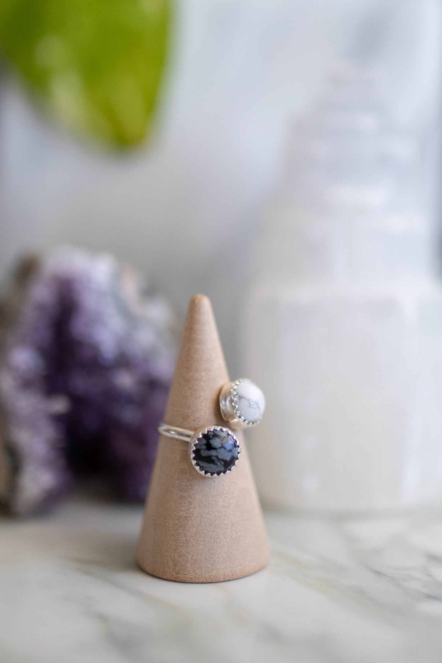 Yin Yang Ring with Snow Obsidian and Howlite - Adjustable Size 4-6