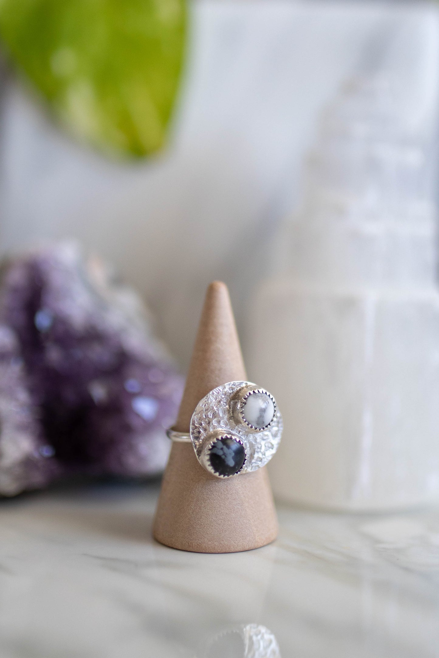 Yin Yang Ring with Snow Obsidian and Howlite - Size 6