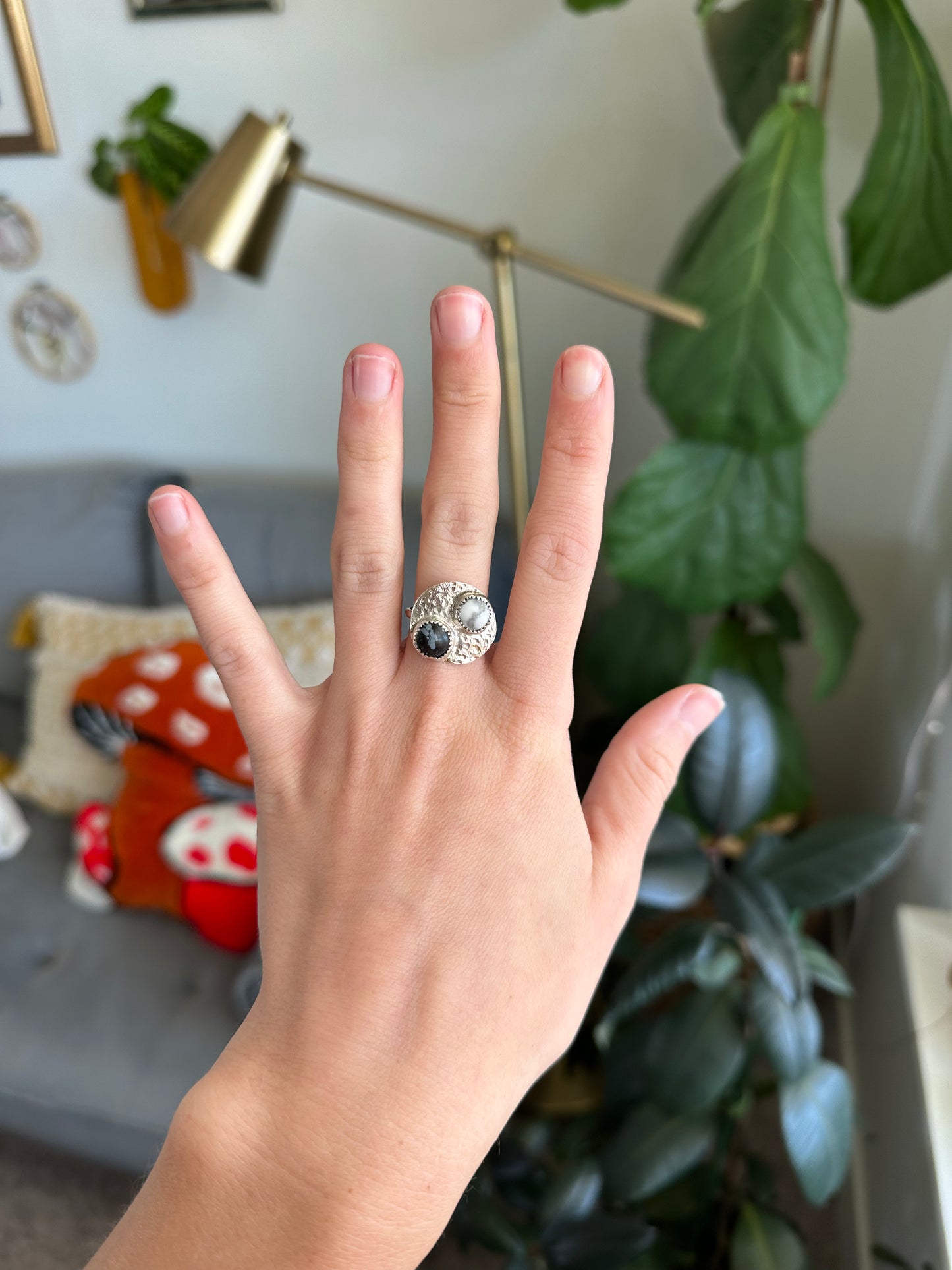 Yin Yang Ring with Snow Obsidian and Howlite - Size 6